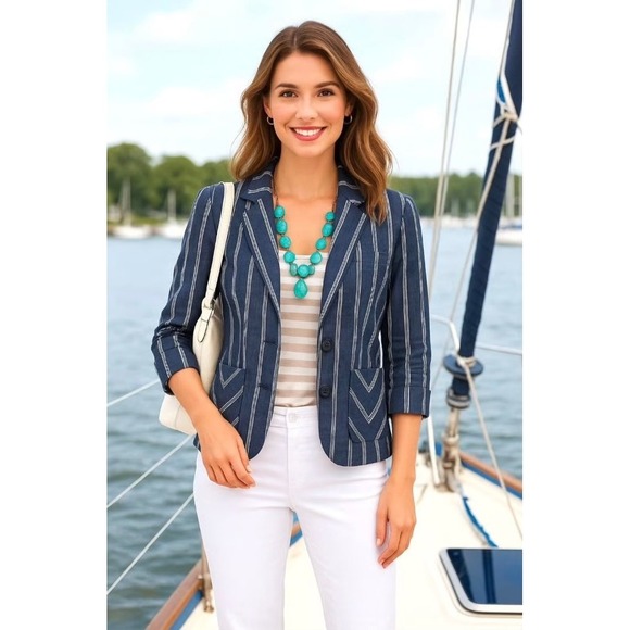 CAbi Jackets & Blazers - Cabi Nautical Pin Striped Blue Linen Blazer‎ Size 8